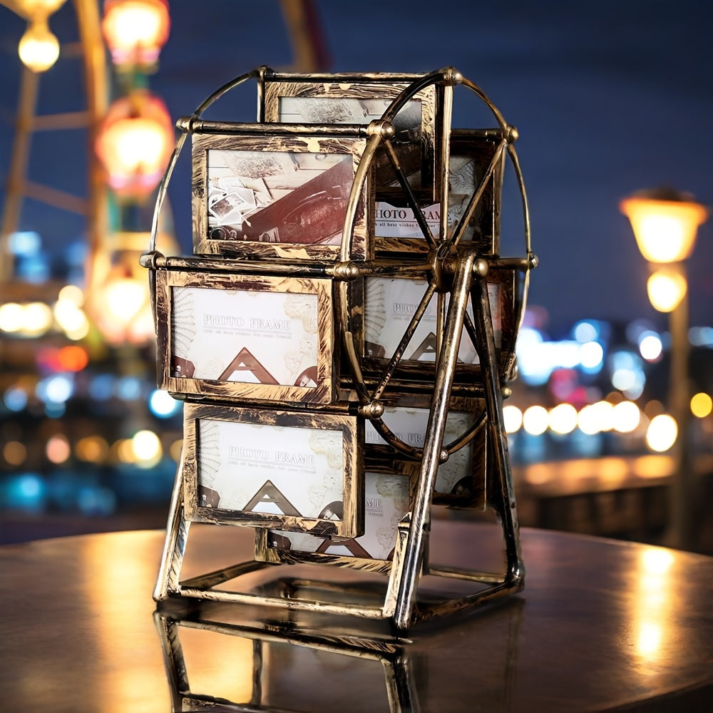 Rotating Ferris Wheel Photo Frame Vintage – 8 Slots for 4-Inch Photos, Spinning Desk Display, ABS Plastic, Unique Gift for Valentine’s Day, Birthday & Christmas, Living Room & Bedroom Decor