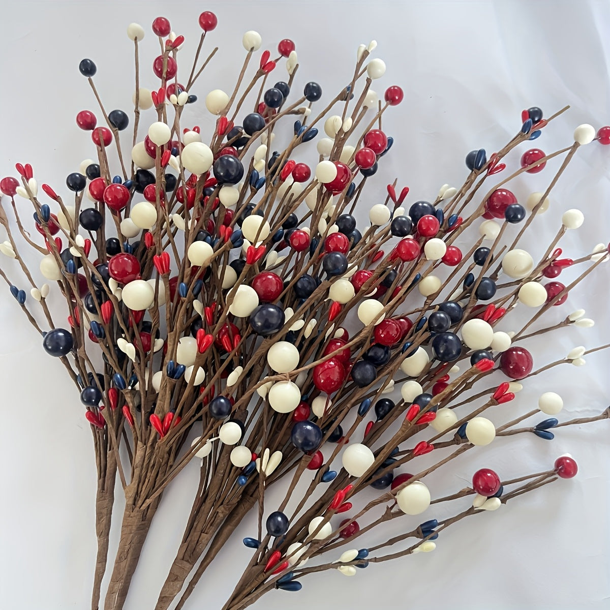Patriotic Artificial Berry Branches – Set of 5 Red White & Blue Fake Berry Stems for Independence Day, Memorial Day, 4th of July Tabletop & Home Decor, Plastic Floral Picks
