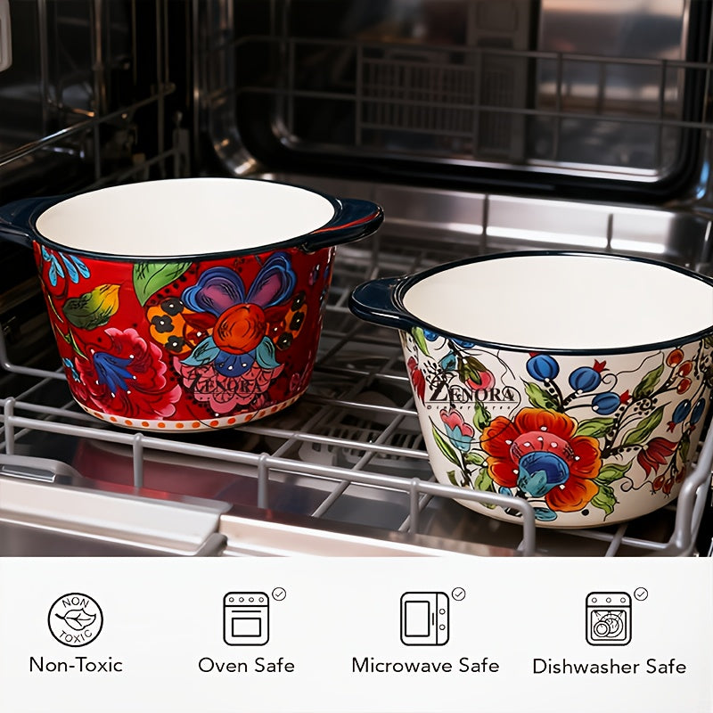 Giant Bohemian Hand-Painted Ceramic Bowl with Handles 101oz – Extra Large Microwave Oven Dishwasher Safe Serving Bowl for Soup, Salad & Family Dining – 2 or 4 Piece Set