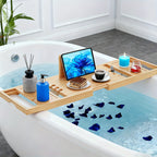 Bamboo Bathtub Caddy Tray Adjustable 27.6–35.4 Inch with Multi-Slot Organizer & Device Holder, Retractable Bath Shelf for Phone, Tablet, Book, Wine & Toiletries — Spa Bath Accessory, Wood Color