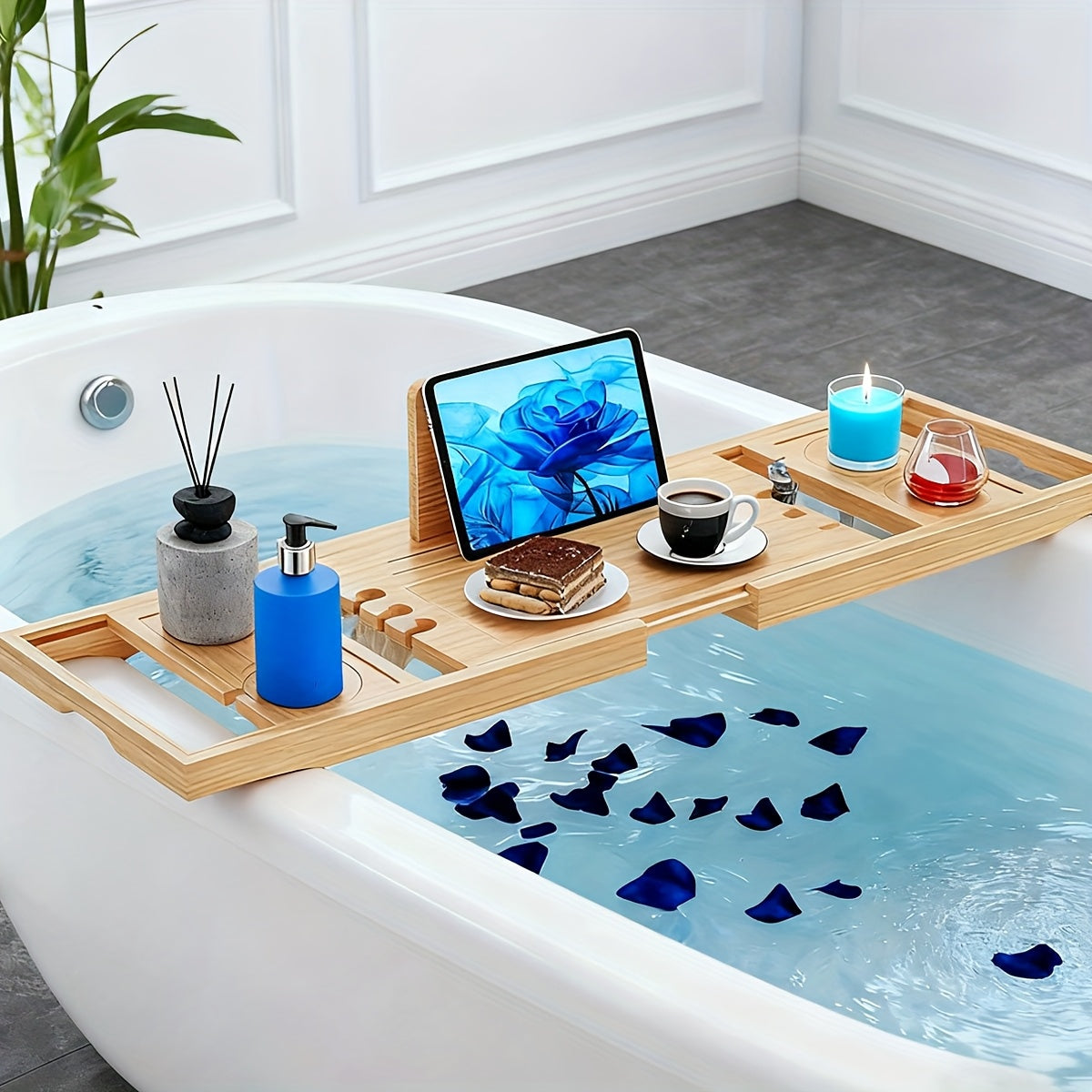 Bamboo Bathtub Caddy Tray Adjustable 27.6–35.4 Inch with Multi-Slot Organizer & Device Holder, Retractable Bath Shelf for Phone, Tablet, Book, Wine & Toiletries — Spa Bath Accessory, Wood Color