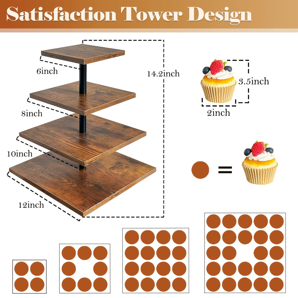 4 Tier Wood Cupcake Stand 360 Rotating Dessert Tower for 50 Cupcakes Farmhouse Tiered Cake Stand for Wedding Birthday Baby Shower Tea Party