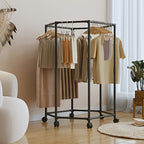 Hexagonal Rotating Clothes Rack with Wheels Large Capacity Freestanding Garment Rack for Bedroom Closet Entryway