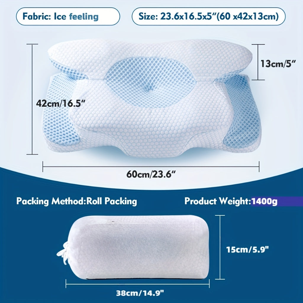 Cooling Neck Pillow Ergonomic Contour Support - Viscose Fill Breathable Cooling Cover, High-Loft Cervical Pillow for Side & Back Sleepers, Blue & Grey