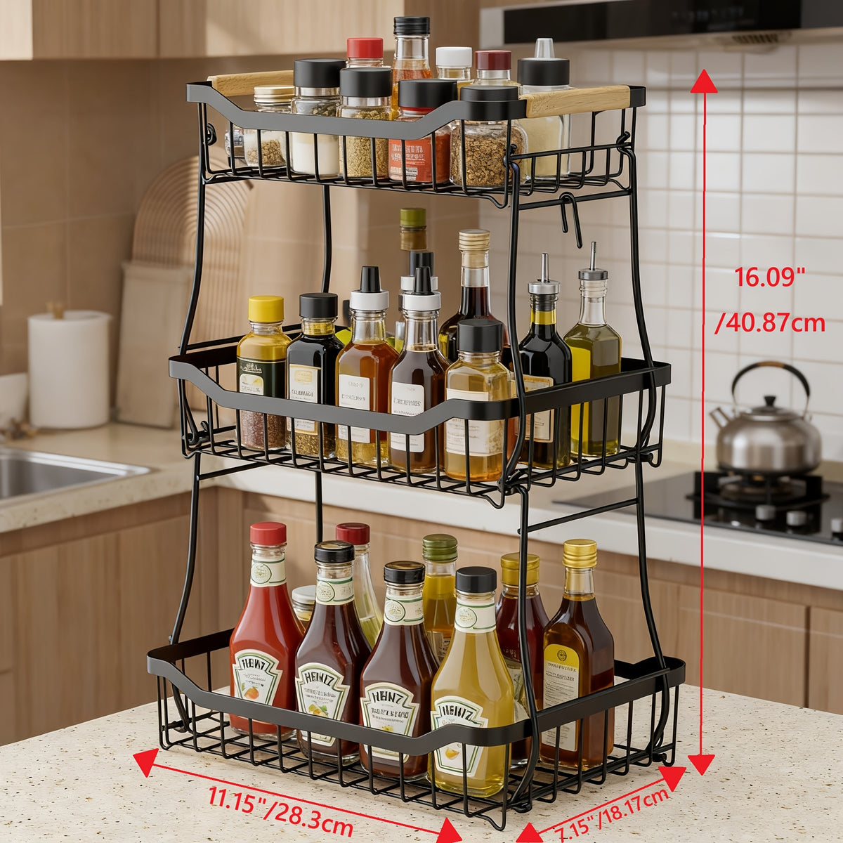 Tiered Metal Fruit Basket with Banana Hook & Wooden Handle – 2 & 3 Tier Countertop Produce Organizer for Kitchen | Removable Tiers | Bread, Vegetable & Fruit Storage