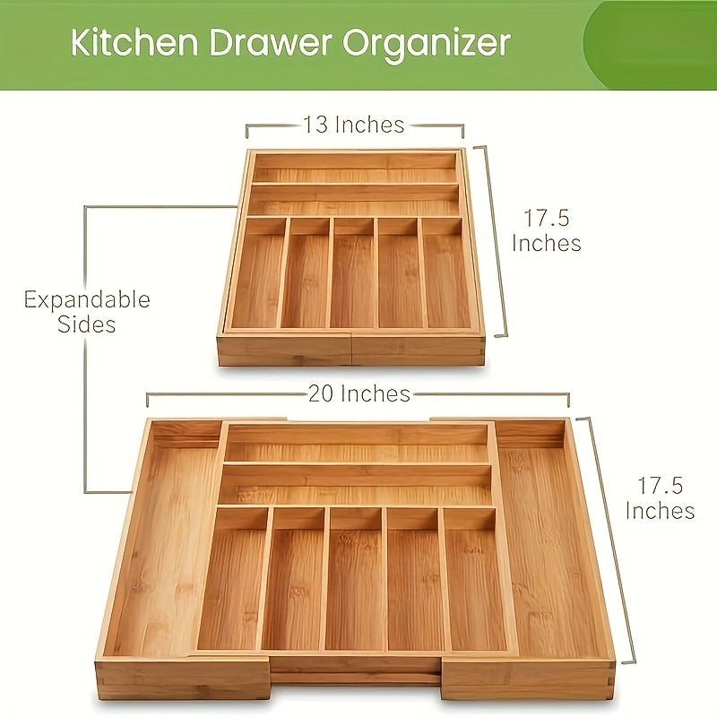 Bamboo Expandable Kitchen Drawer Organizer – 9-Compartment Adjustable Utensil Tray for Silverware, Forks, Spoons & Knives