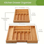 Bamboo Expandable Kitchen Drawer Organizer – 9-Compartment Adjustable Utensil Tray for Silverware, Forks, Spoons & Knives