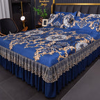 Bedding Set 3-Piece Double Layer Ruffle Bed Skirt Cool Mat with Pillowcases – Washable 360° Full Wrap Twin Full Queen King, 4 Printed Styles