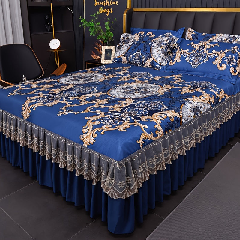 Bedding Set 3-Piece Double Layer Ruffle Bed Skirt Cool Mat with Pillowcases – Washable 360° Full Wrap Twin Full Queen King, 4 Printed Styles