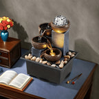 4-Tier Desktop Water Fountain with LED Lights, Decorative Bubble Balls & Natural River Stones, Indoor Tabletop Waterfall Fountain for Home & Office Relaxation, Meditation Zen Decor
