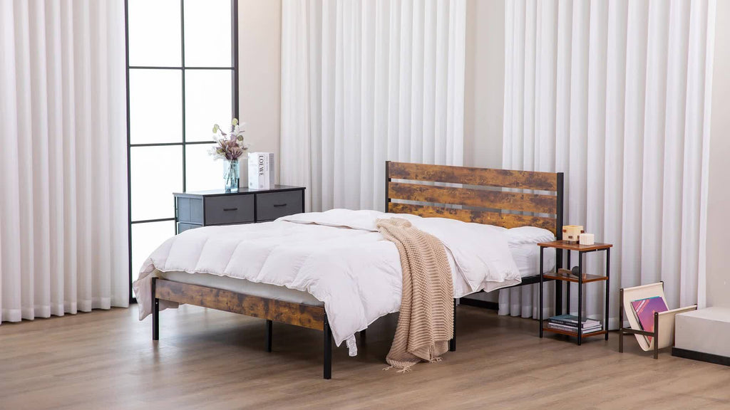 Iron Bed Frame with Wooden Plank Headboard Twin Full Queen Size Metal Platform Bed Heavy Duty Steel Slats Easy Assembly Bedroom