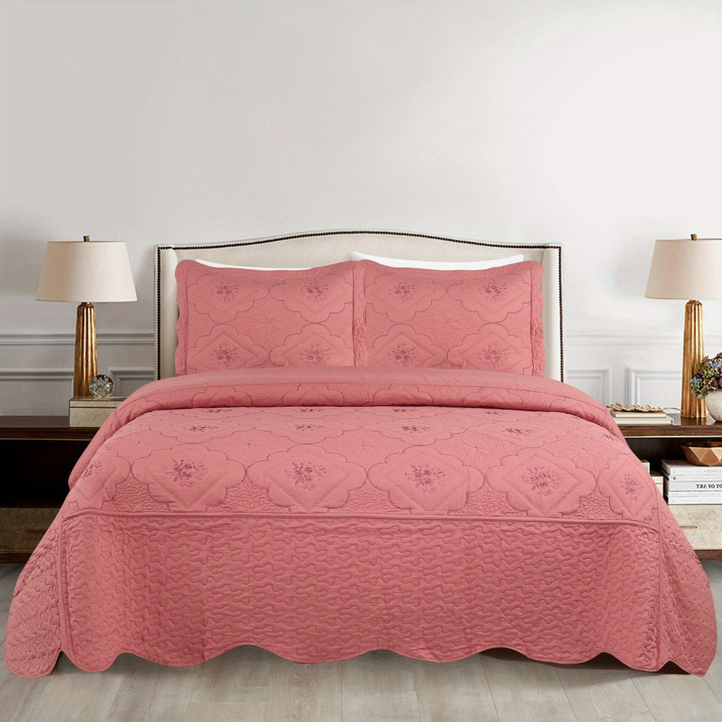 Quilted Embroidered Bedspread Set 3 Pcs – Floral Embroidery, 100% Polyester, Wrinkle-Resistant Lightweight Coverlet for Queen & King Bedroom Decor, 16 Colors