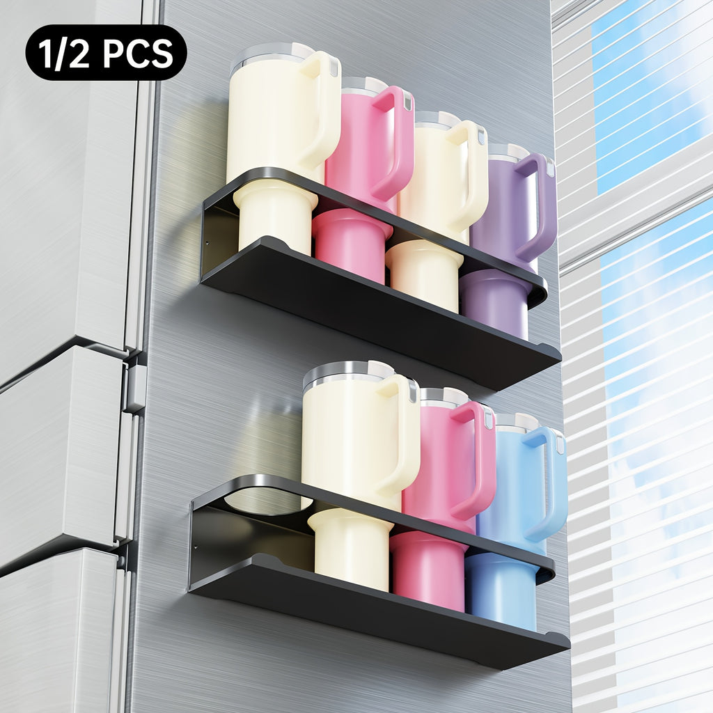 Magnetic Cup Holder for Fridge Heavy Duty Metal Organizer Rack for Tumblers Water Bottles Travel Mugs Drinkware - Magnetic Fridge Cup Organizer for Kitchen Pantry Cabinet Laundry Room, Black, 1-2 Pack