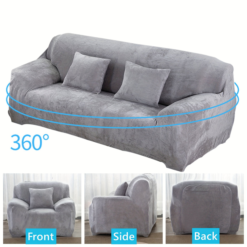 Velvet Stretch Sofa Cover Slipcover – Thick High-Elasticity Plush Couch Cover for L-Shape 1 2 3 4 Seater, Polyester Spandex Furniture Protector with Pillowcase for Living Room
