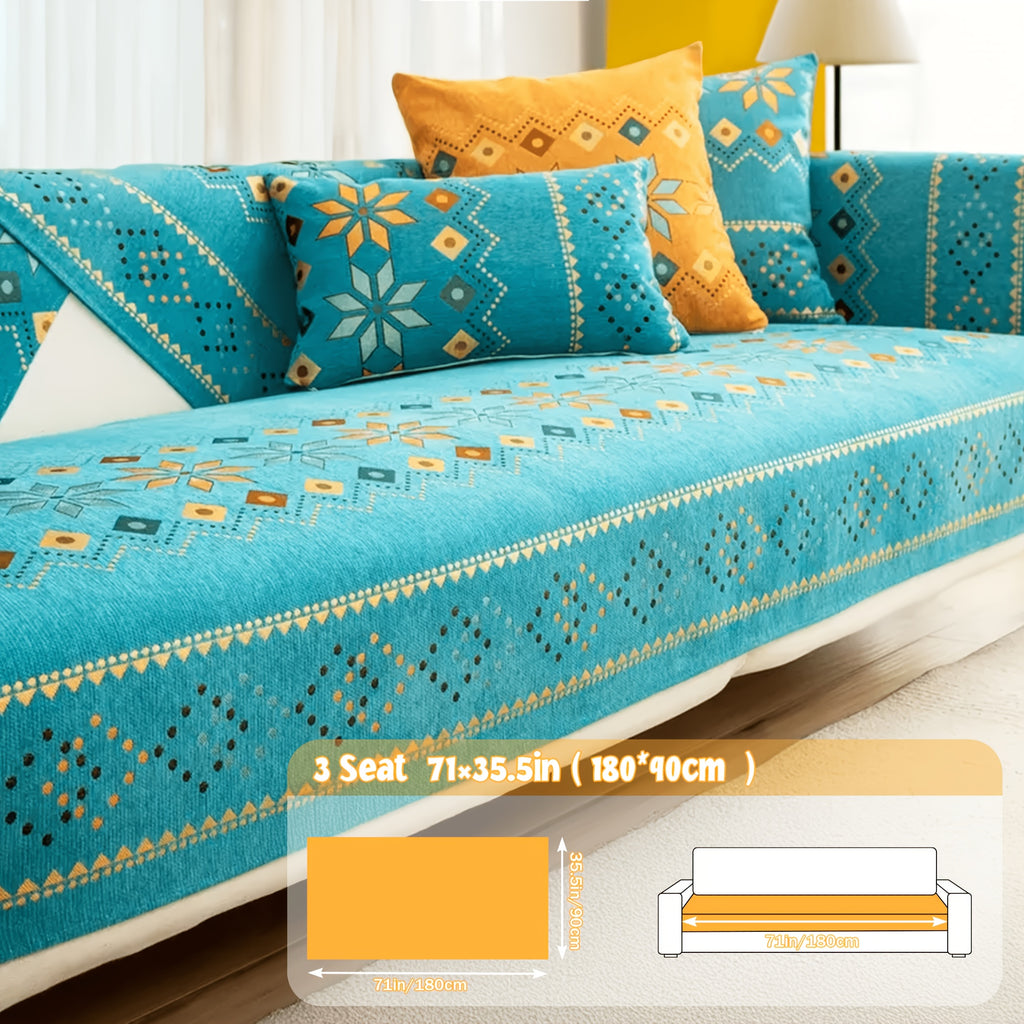 Chenille Sofa Cover Bohemian Geometric Slipcover | Light Breathable Non-Slip Machine Washable Couch Protector for 2/3/4 Seat L-Shape Sectional, Pet & Kid Friendly, White Green
