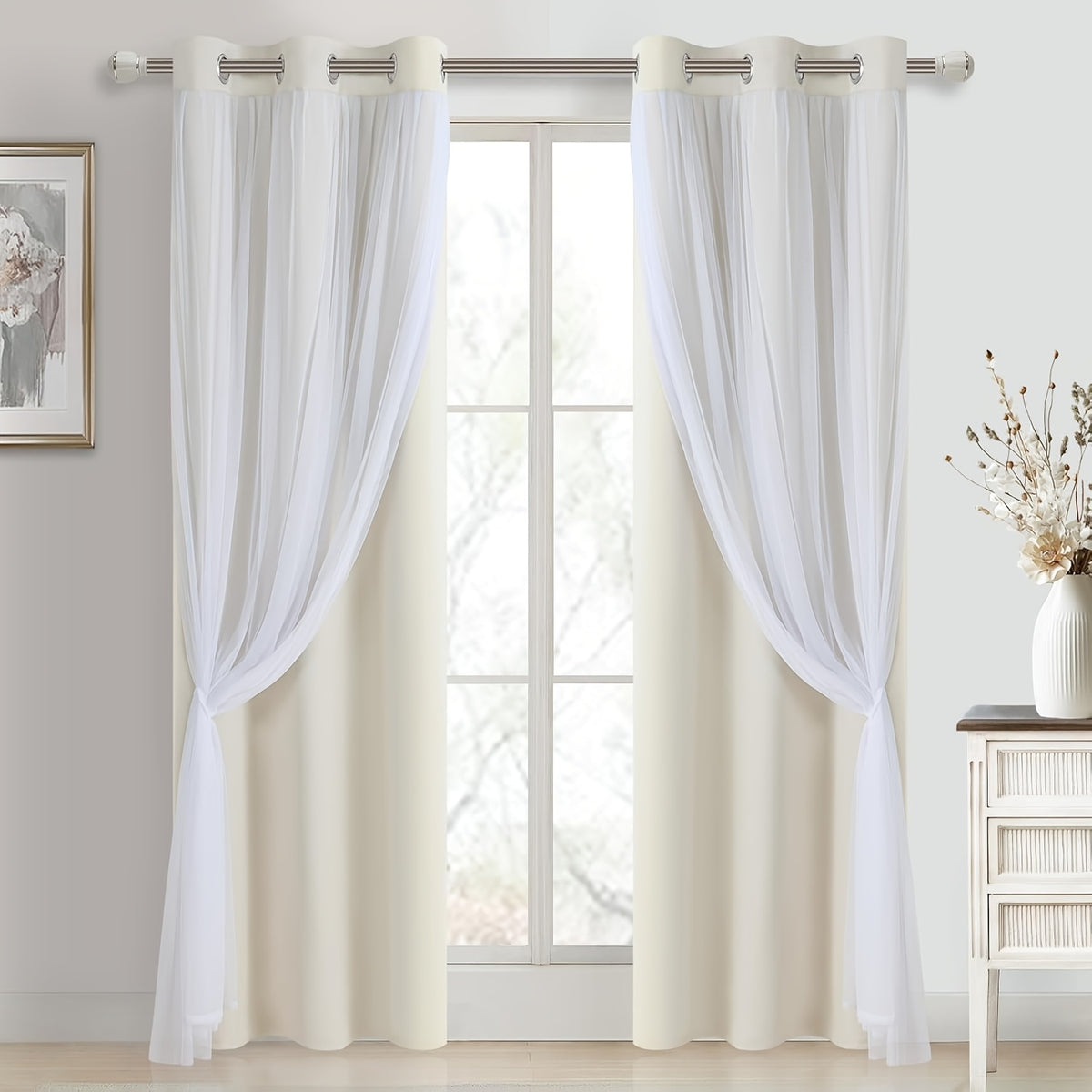 Double Layer Blackout Curtains with Sheer Overlay 2 Panels - Grommet Top Thermal Insulated Mix & Match Window Drapes with Tiebacks for Bedroom Living Room, All Season