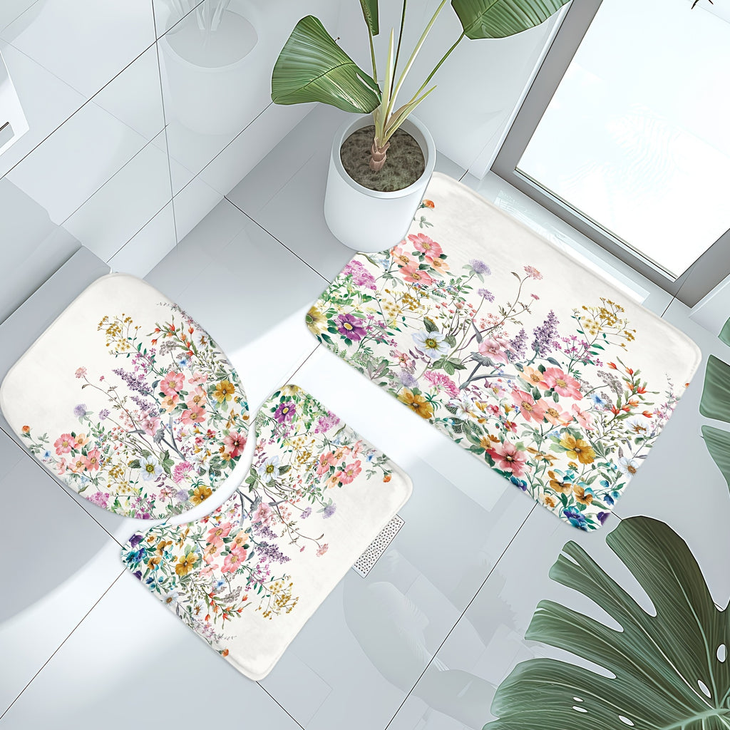 Wildflower Shower Curtain Set 4 Piece – Watercolor Lavender Lilac Floral Bathroom Decor with Non-Slip Mat, Toilet U-Shape Mat & Lid Cover + 12 Hooks | Botanical Bath Set