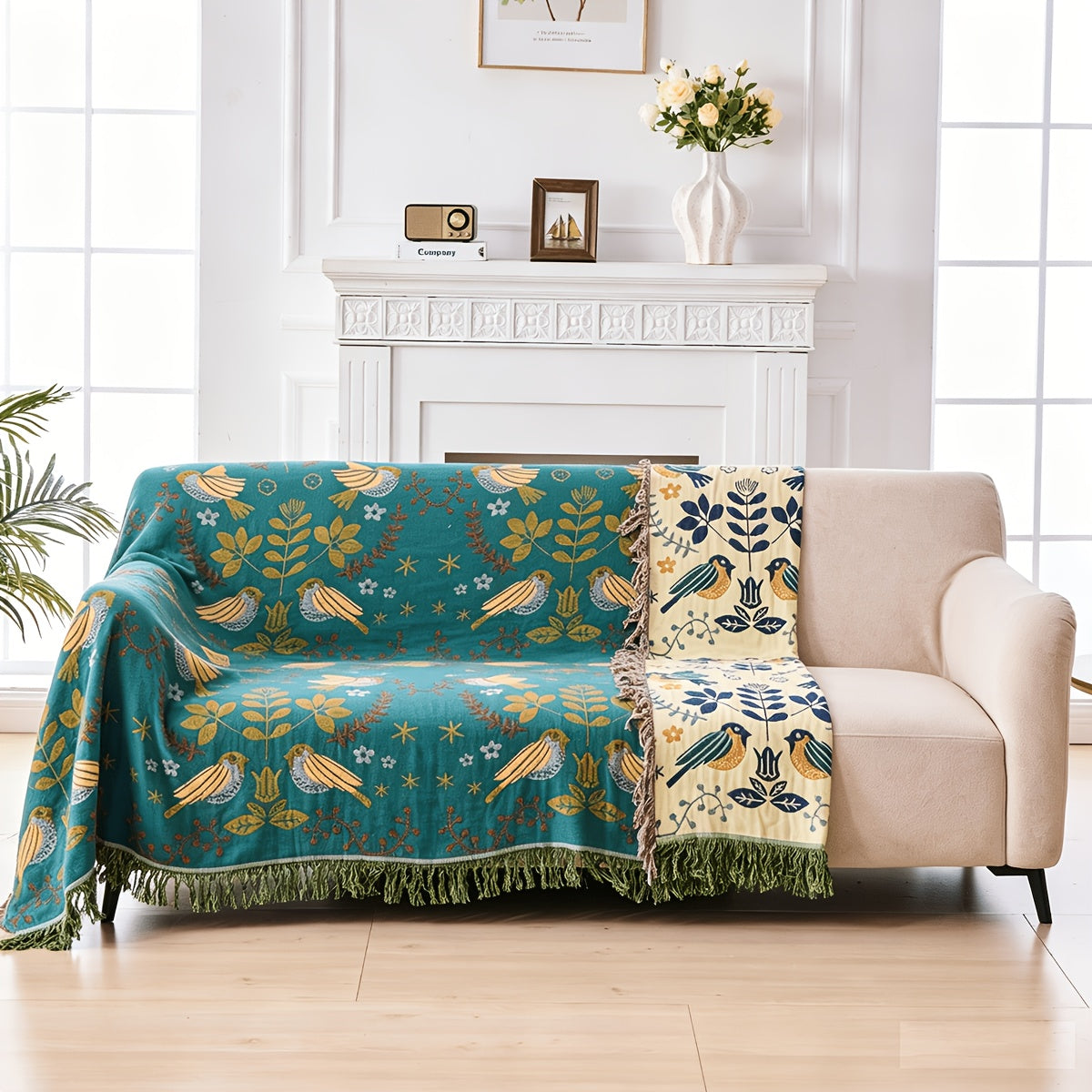 Bird Floral Cotton Throw Blanket Twin Queen King – 100% Cotton Ultra Soft Rustic Quilt, Boho Farmhouse Bed Blanket for Sofa Couch Chair, All Season