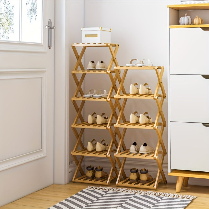 Foldable Bamboo Shoe Rack – No Installation Space-Saving 2-Layer Shoe Shelf for Bedroom Living Room Hallway Wardrobe, Strong Storage, Natural