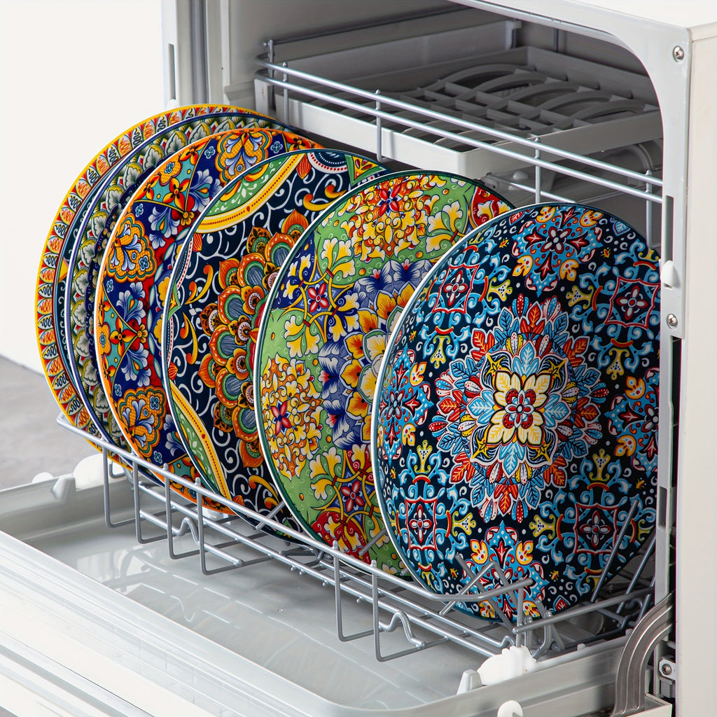 Bohemian Stoneware Dinner Plate Set of 6 – 10.5 Inch Colorful Hand-Painted Ceramic Plates | Microwave & Dishwasher Safe | Home, Restaurant & Wall Decor