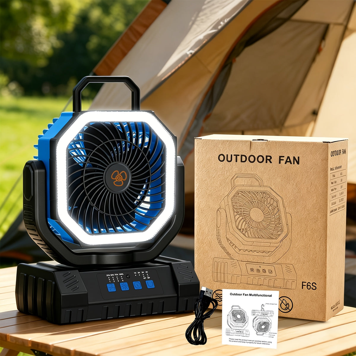 3-in-1 Camping Fan with LED Light & 20000mAh Power Bank Portable Rechargeable Fan 4 Speed Settings Multi-Angle Rotation for Hiking Tent Office & Outdoor Use