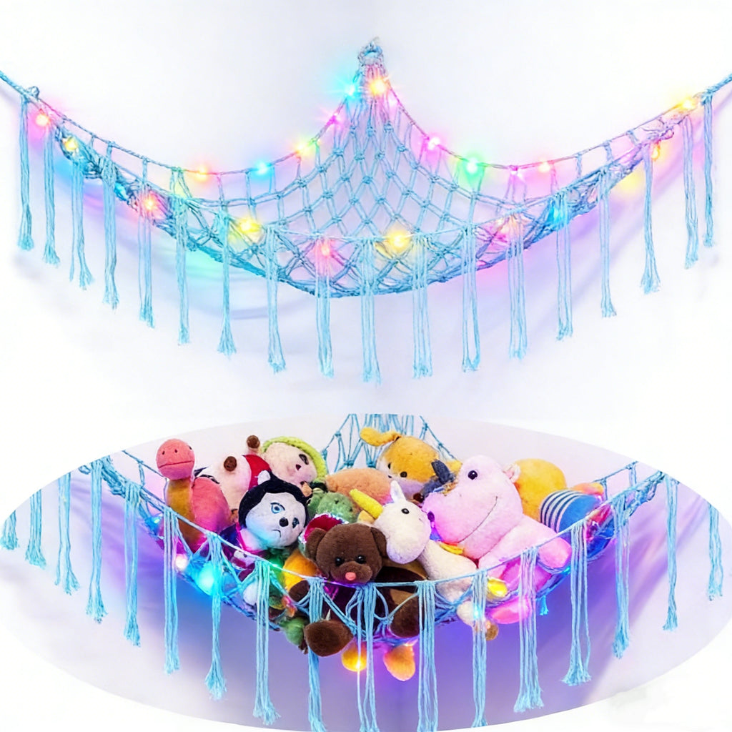 Stuffed Animal Storage Hammock with Star Lights – Corner Mesh Toy Organizer with Hooks for Kids Room, Bedroom & Nursery | White, Black & Pink