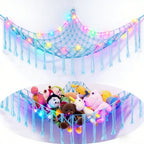 Stuffed Animal Storage Hammock with Star Lights – Corner Mesh Toy Organizer with Hooks for Kids Room, Bedroom & Nursery | White, Black & Pink