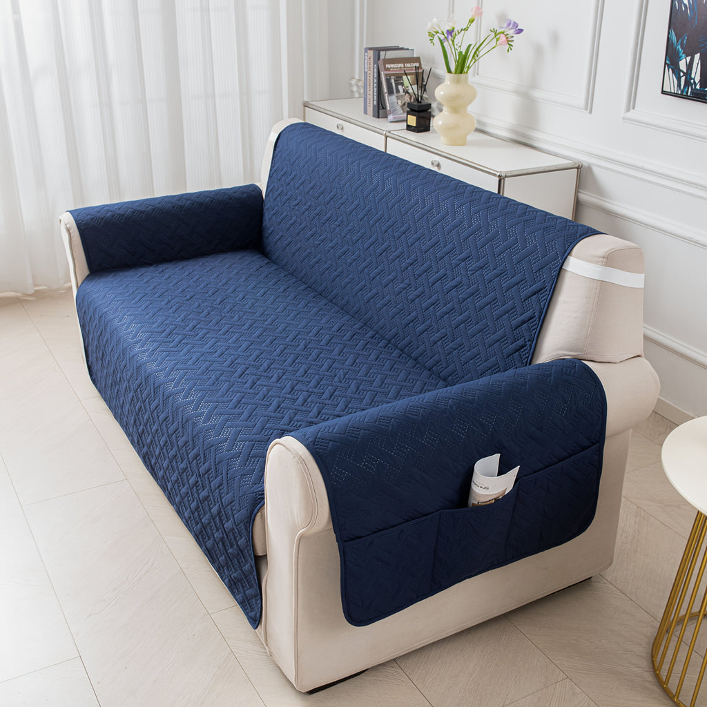 Sofa Cushion Cover with Storage Pocket – Pet-Proof Non-Slip Multi-Function Sofa Protector, All-Season Machine Washable, 1/2/3-Seater, Navy Coffee Off-White Dark Gray