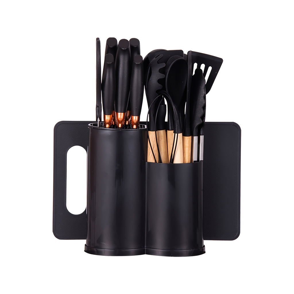 19-Piece Kitchen Knife & Utensil Set with Block – Silicone Cooking Tools, Wooden Handles, Stainless Steel Knives, Cutting Board & Scissors | All-in-One Kitchen Starter Set for Home, Dorm & Housewarming Gift