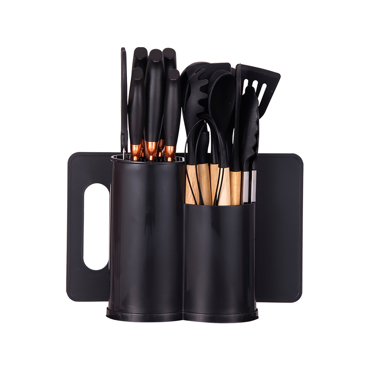 19-Piece Kitchen Knife & Utensil Set with Block – Silicone Cooking Tools, Wooden Handles, Stainless Steel Knives, Cutting Board & Scissors | All-in-One Kitchen Starter Set for Home, Dorm & Housewarming Gift