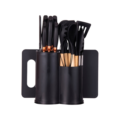19-Piece Kitchen Knife & Utensil Set with Block – Silicone Cooking Tools, Wooden Handles, Stainless Steel Knives, Cutting Board & Scissors | All-in-One Kitchen Starter Set for Home, Dorm & Housewarming Gift