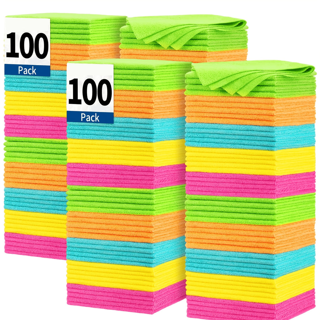 Microfiber Cleaning Cloths 100 Pack Bulk Set - Super Absorbent Fast-Drying Streak-Free Reusable Cleaning Towels for Kitchen Bathroom Car & Furniture Multicolor Assorted