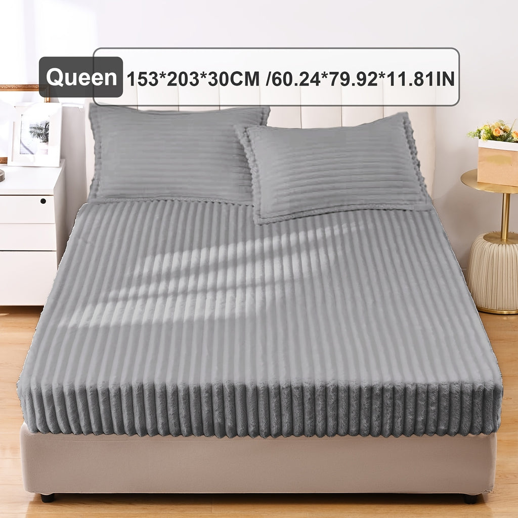 Fuzzy Fleece Fitted Sheet Plush Warm Winter Bedding Stripe Rabbit Fur Soft Thickened Bed Cover Machine Washable Twin Queen King Dark Gray Beige Space Gray