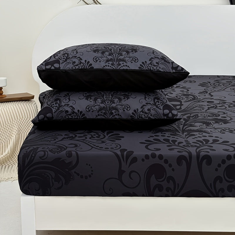 Gothic Skull Fitted Sheet Set 3-Piece – Victorian Baroque Black & Gray Skull Pattern, Deep Pocket 15", Machine Washable Hypoallergenic Bedding, Twin Full Queen King