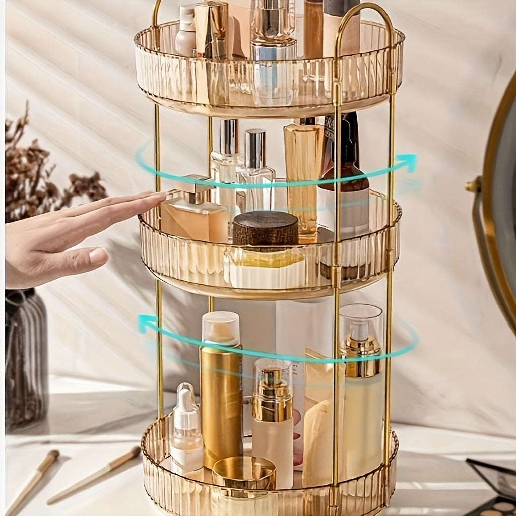 360° Rotating Makeup Organizer with 1, 2 or 3 Tiers, Gold Striped Desktop Cosmetic Storage Rack for Brushes, Lipstick & Skincare – Durable Odorless Vanity Organizer for Bathroom & Bedroom