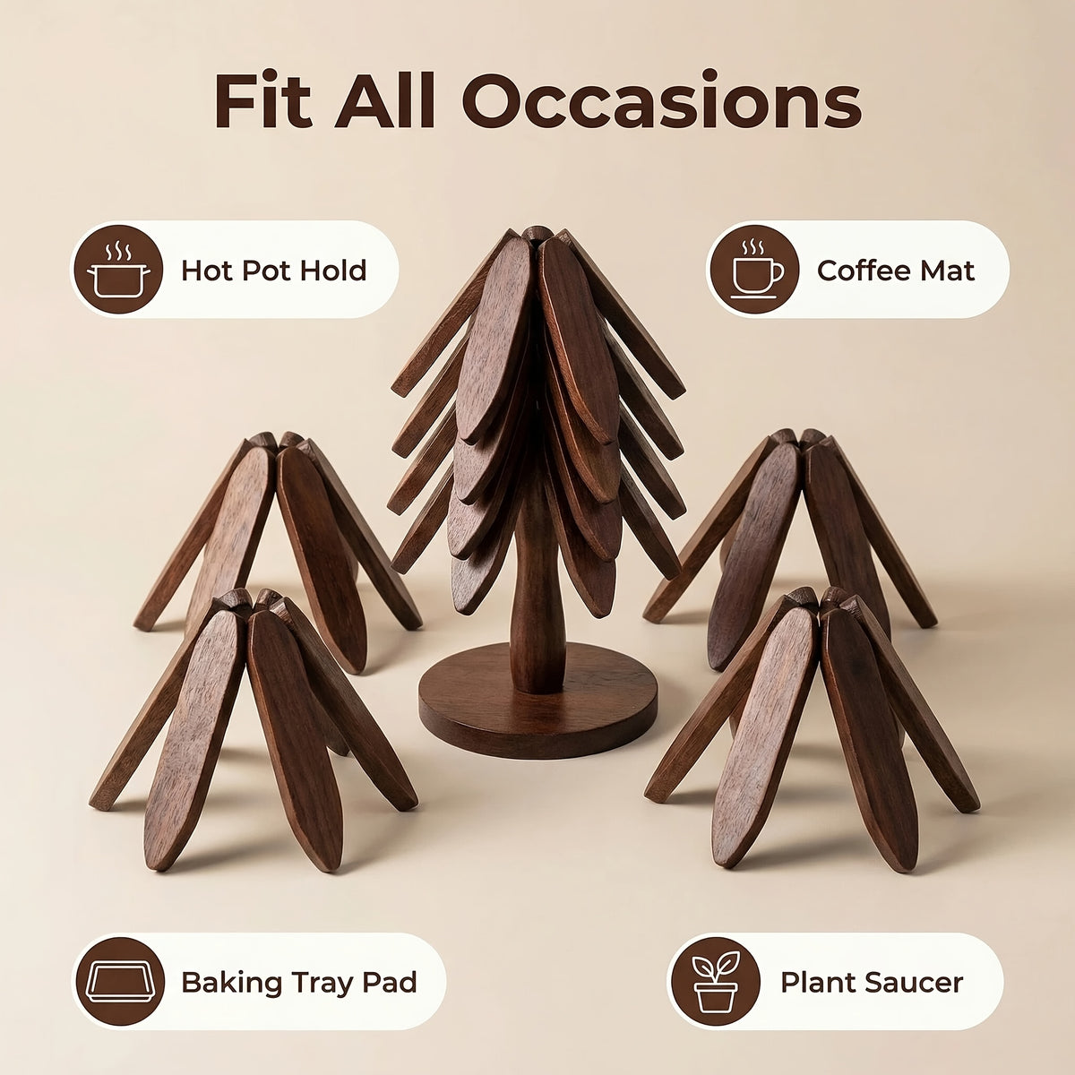 Tree Shaped Trivet Set Foldable Wooden Hot Pot Holder - Decorative Heat Resistant Trivet Mats for Kitchen Counter and Dining Table, Space Saving Stackable Leaf Trivet Set