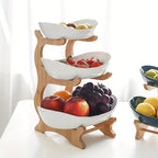 Tiered Fruit Basket Stand 2 or 3 Layer Nordic Style Fruit Bowl Wooden Plastic Snack Tray Kitchen Counter Organizer for Home Dining Table Storage