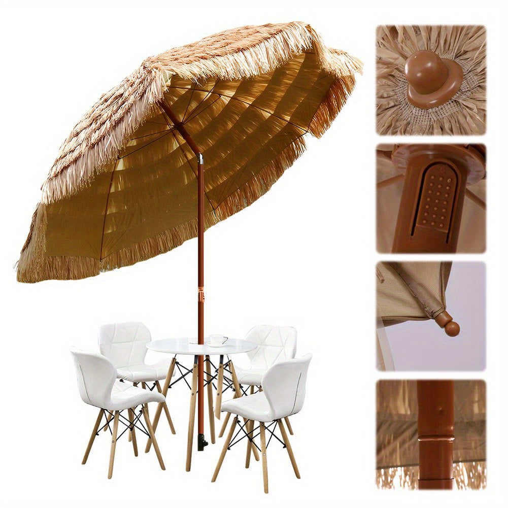7.5 Foot Tropical Thatch Tiki Outdoor Patio Umbrella UV Protection Push Button Tilt Manual Lift Steel Pole Iron Frame Poolside Garden Backyard