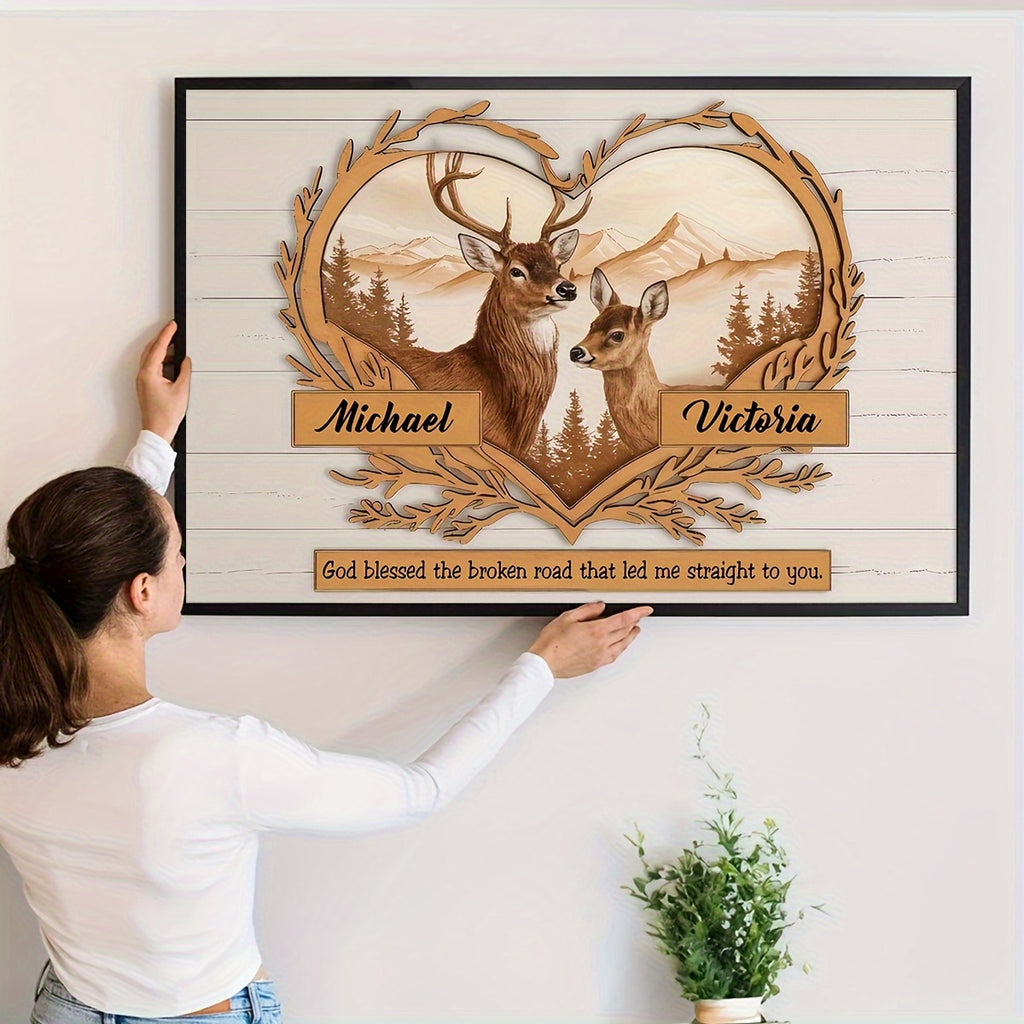Personalized Couples Canvas Wall Art - Custom Deer & Mountains 2D Flat Print with Two Names, Romantic Gift for Couples, Anniversary Wedding Bedroom Decor