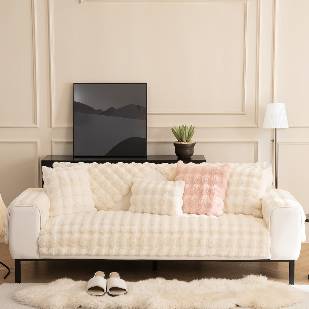 Bubble Faux Rabbit Fur Sofa Cover Non-Slip Stretchable 3/4 Seat Slipcover – Silicone Grip Breathable Furniture Protector for Living Room, Bed & Dorm, Machine Washable in Beige, Dark Grey & Khaki