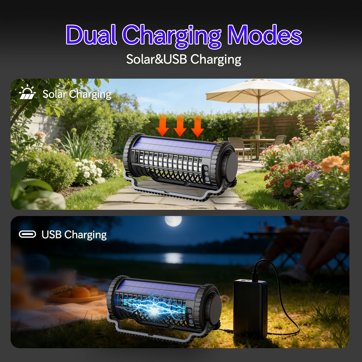 4000mAh Solar Bug Zapper USB Dual Charging Auto Light Sensor 360° Rotatable UV Mosquito Killer Fly Trap Chemical-Free Indoor Outdoor Camping Garden Patio Courtyard