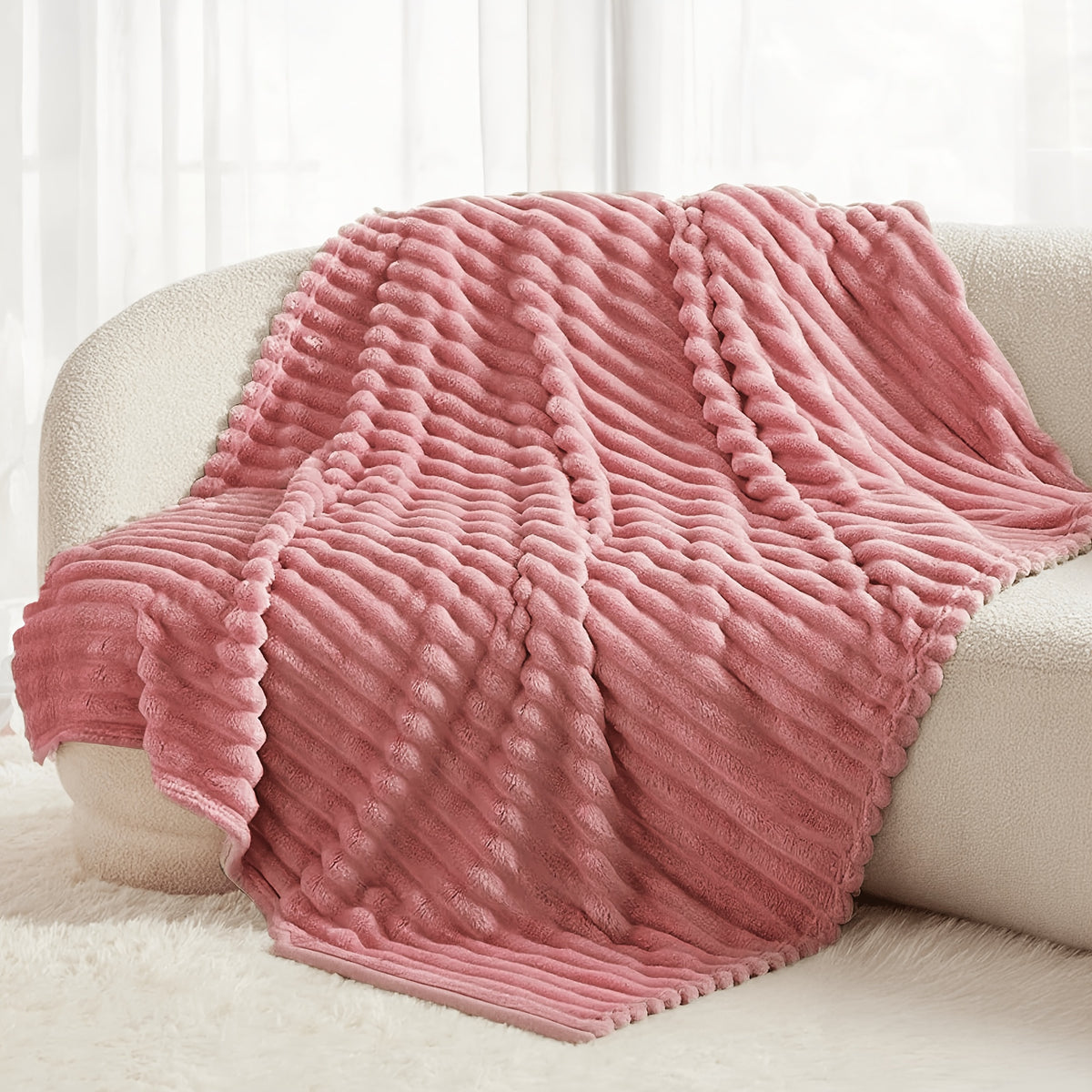 Faux Rabbit Fur Throw Blanket Ultra Soft Fluffy Striped Plush Blanket for Couch Bed Sofa Luxury Warm Winter Blanket Pink Light Brown