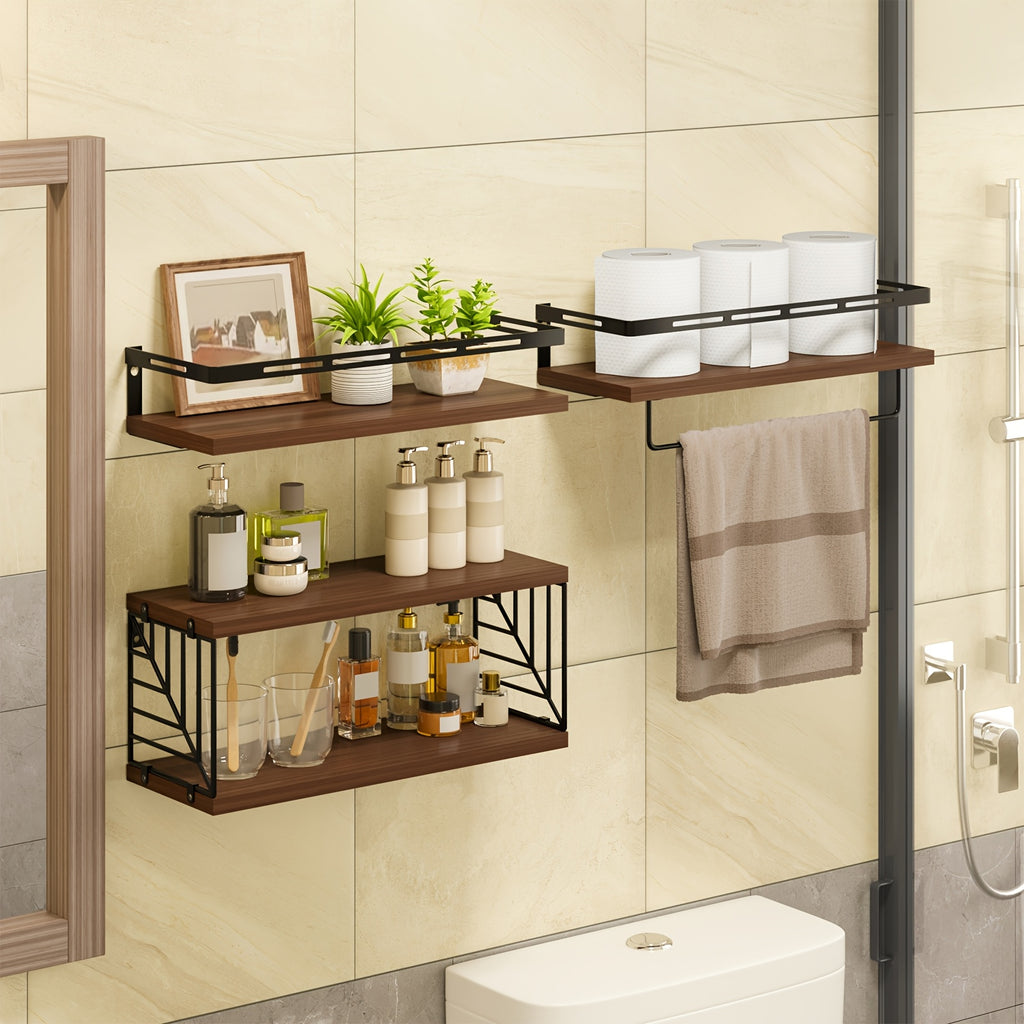 Vintage Wooden Floating Shelves Set of 3 with Guardrail – Wall Mounted Display & Storage Rack for Bedroom, Living Room, Bathroom & Kitchen – Rustic Wood Wall Shelf Multi-Functional Decor