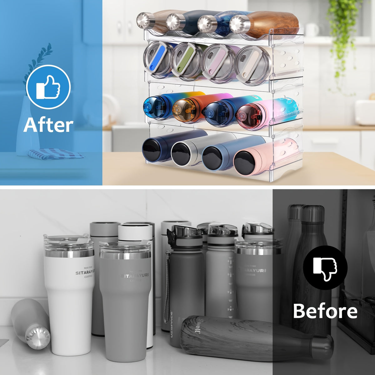 Stackable Water Bottle Organizer 4 Tier Clear – Large Compartment Bottle Holder Rack for Cabinet, Kitchen Organization & Storage, Holds Up to 16 Bottles