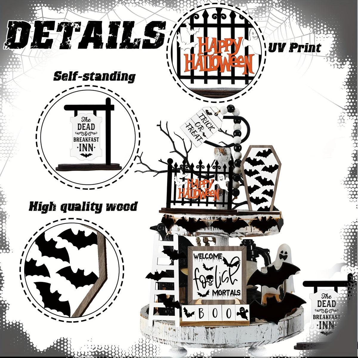 14-Piece Halloween Tiered Tray Decoration Set – Farmhouse Rustic Black & White Bat Wooden Signs for Table Kitchen Den Halloween Party