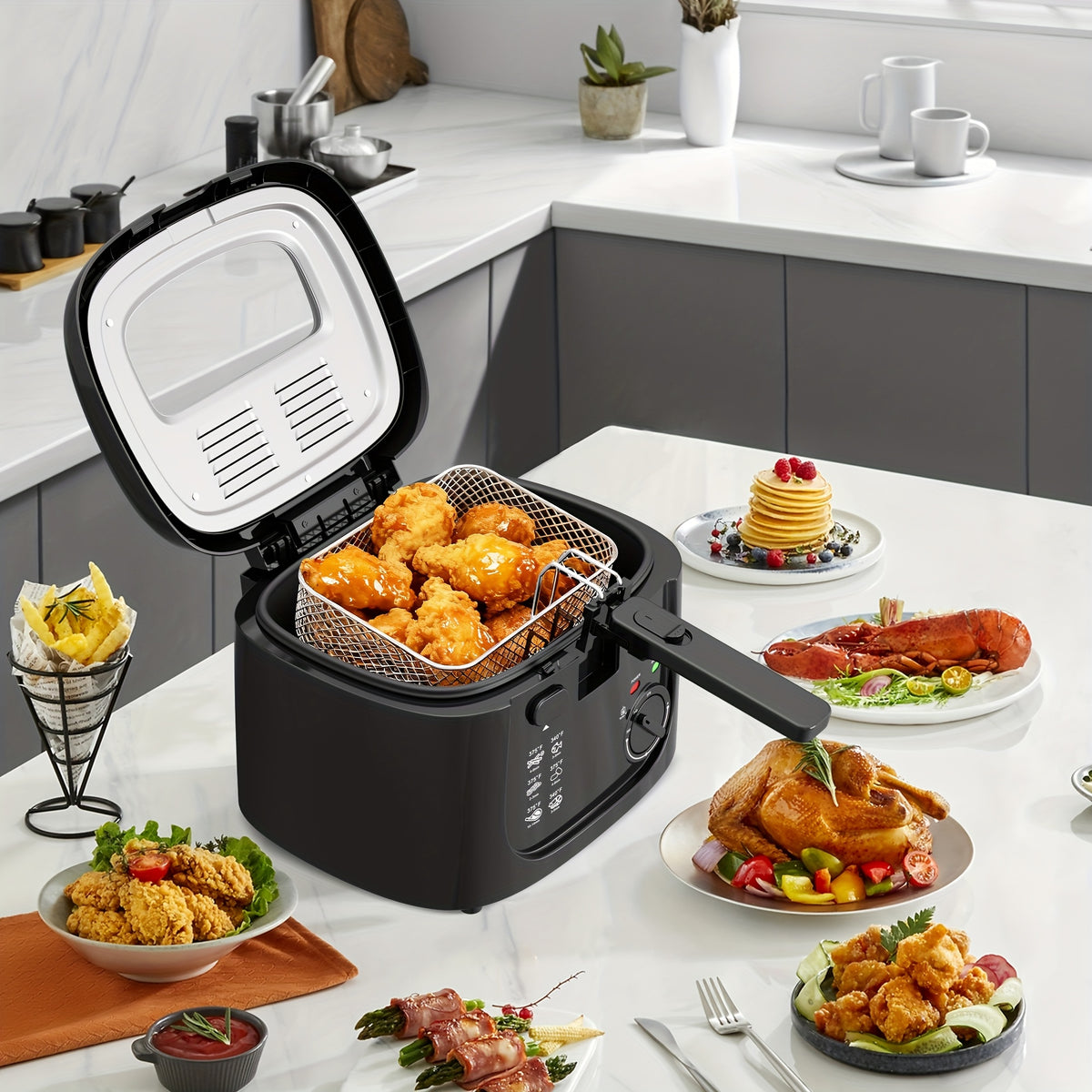 1500W Electric Deep Fryer 84.54oz – Non-Stick Basket, Adjustable Temperature Control, Viewing Window & Removable Lid | Easy Clean | Black & White