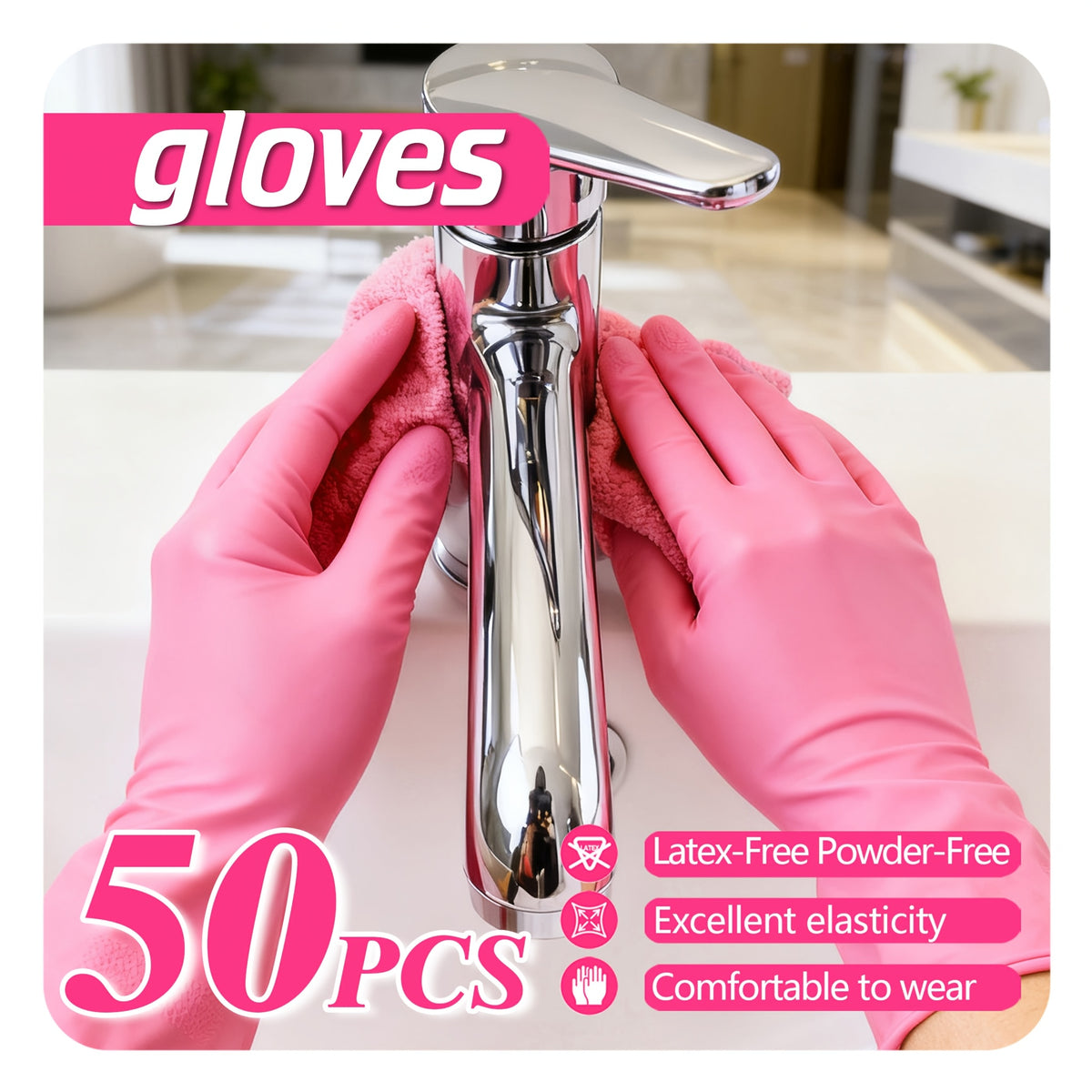 Disposable Gloves 6 Mil Pink 50 100 or 150 Count Waterproof Durable Multi-Purpose for Kitchen Cleaning Beauty Hairdressing Tattooing Pet Care Gardening Home and Commercial Use