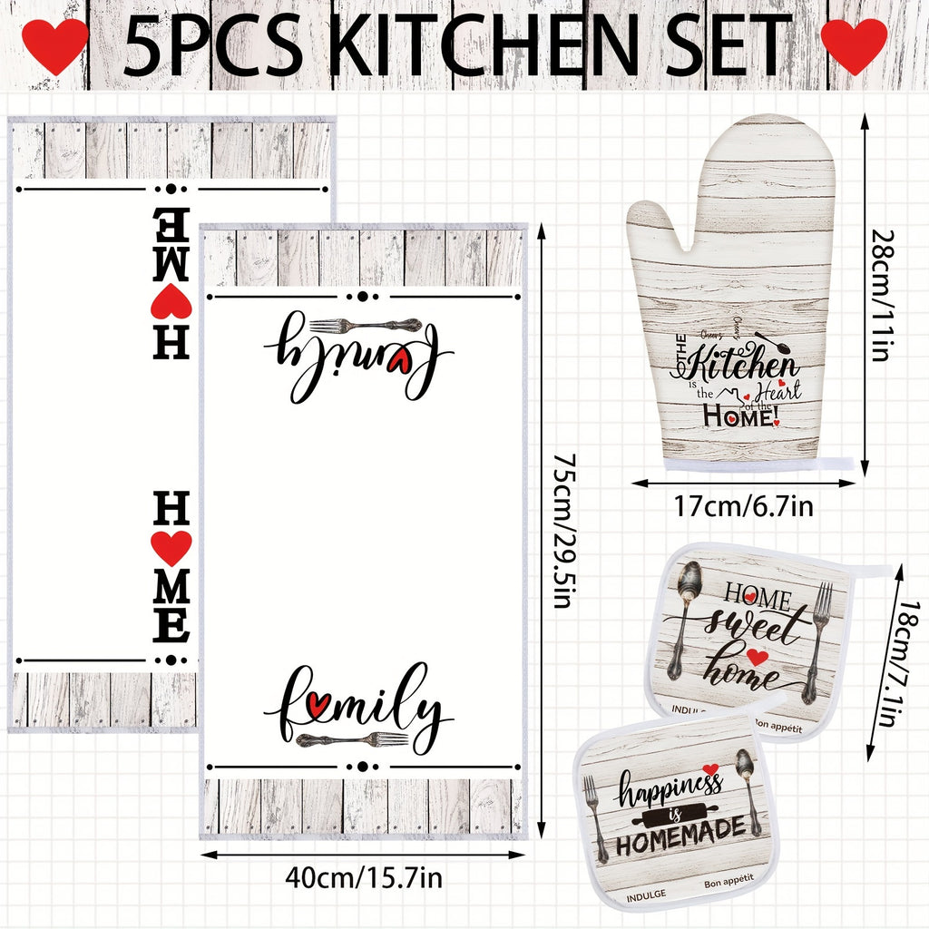 5-Piece Farmhouse Kitchen Set – 2 Vintage Wood Plank Dish Towels, 1 Oven Mitt & 2 Pot Holders for Cooking, Baking & Grilling, Rustic Kitchen Linen Gift Set for Holiday & Housewarming