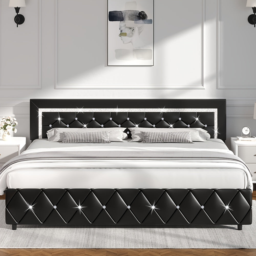 Upholstered Bed Frame with Diamond Tufted Headboard & Footboard – Faux Leather, Wooden Slats, No Box Spring Needed | Twin Full Queen King