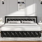 Upholstered Bed Frame with Diamond Tufted Headboard & Footboard – Faux Leather, Wooden Slats, No Box Spring Needed | Twin Full Queen King
